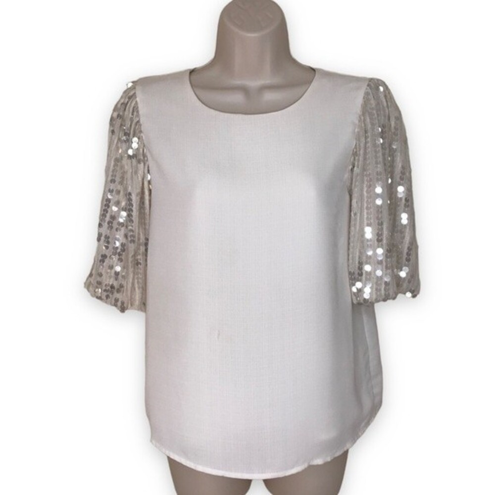 Miami Sequin Puffy Bubble Sleeve Ivory Cream Round Neck Blouse Women's Size XS